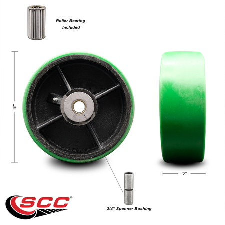 Service Caster SCC-8" Green Poly on Cast Iron Wheel Only w/Roller Bearing-3/4"Bore-2500 lb Cpty SCC-PUR830-GB